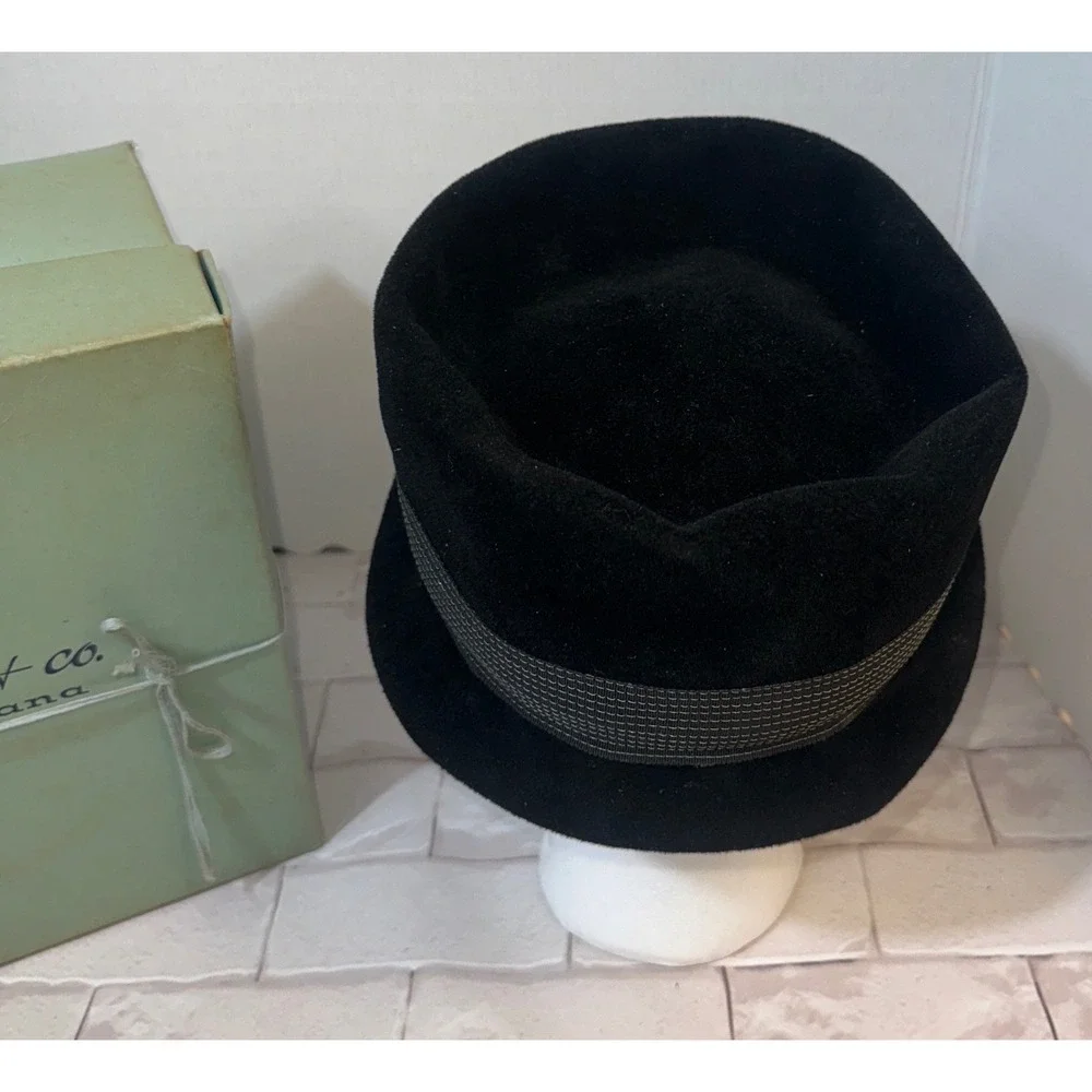 Vintage LS Ayres & Co Black Felt Pillbox Hat with Bow and Original Box